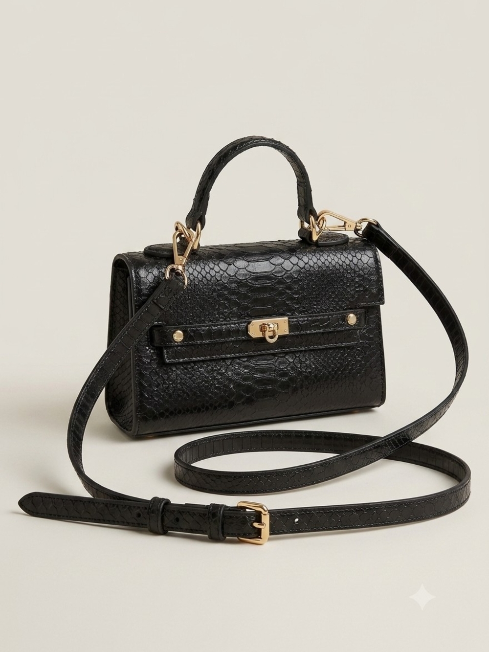 ​Black Leather Snakeskin Mini Top Handle & Crossbody Bag